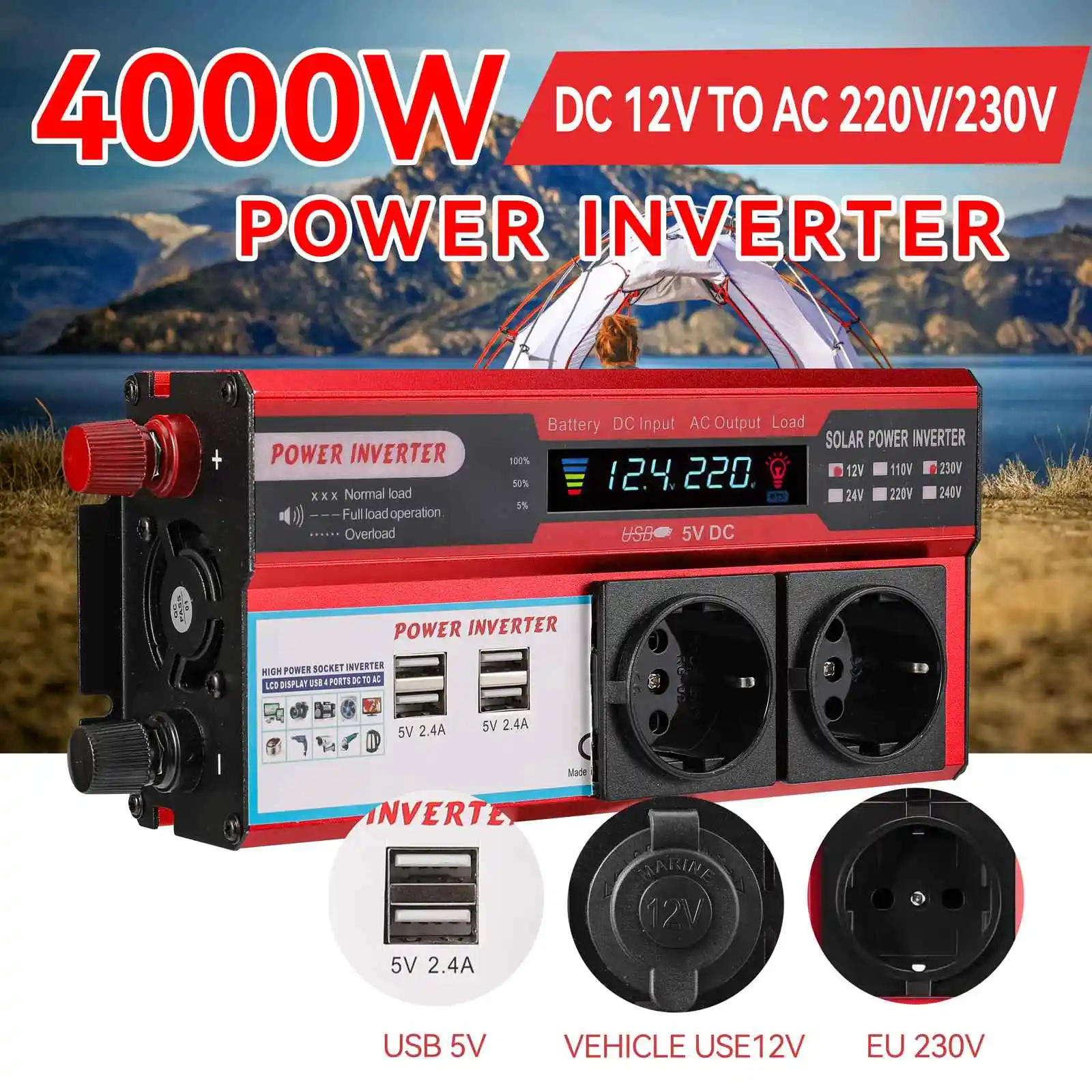 Inwerter sinusoidalny 4000W, 12V na 220V/230V 50/60HZ, z wyświetlaczem LED i inteligentnym wyświetlaczem cyfrowym.
