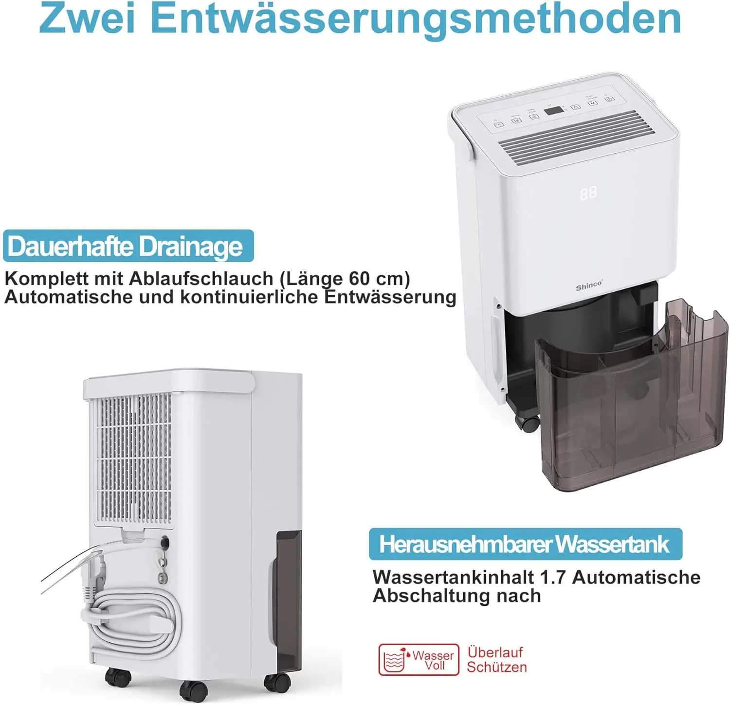 Elektryczny osuszacz powietrza SHINCO, 10 l, osuszacz do pomieszczeń z czujnikiem wilgoci, do 45 m³ (15 m²), energooszczędny, wąż odpływowy