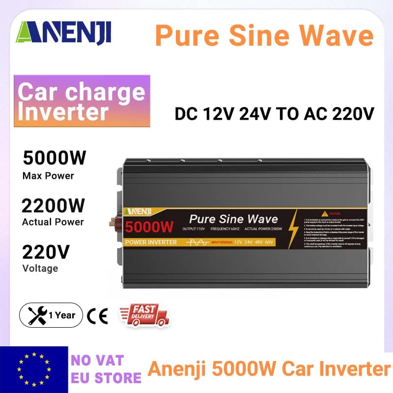 Inwerter sinusoidalny 5000W/8000W/3000W/1000W DC 12/24V na AC 230V, przetwornica napięcia do samochodu solarnego