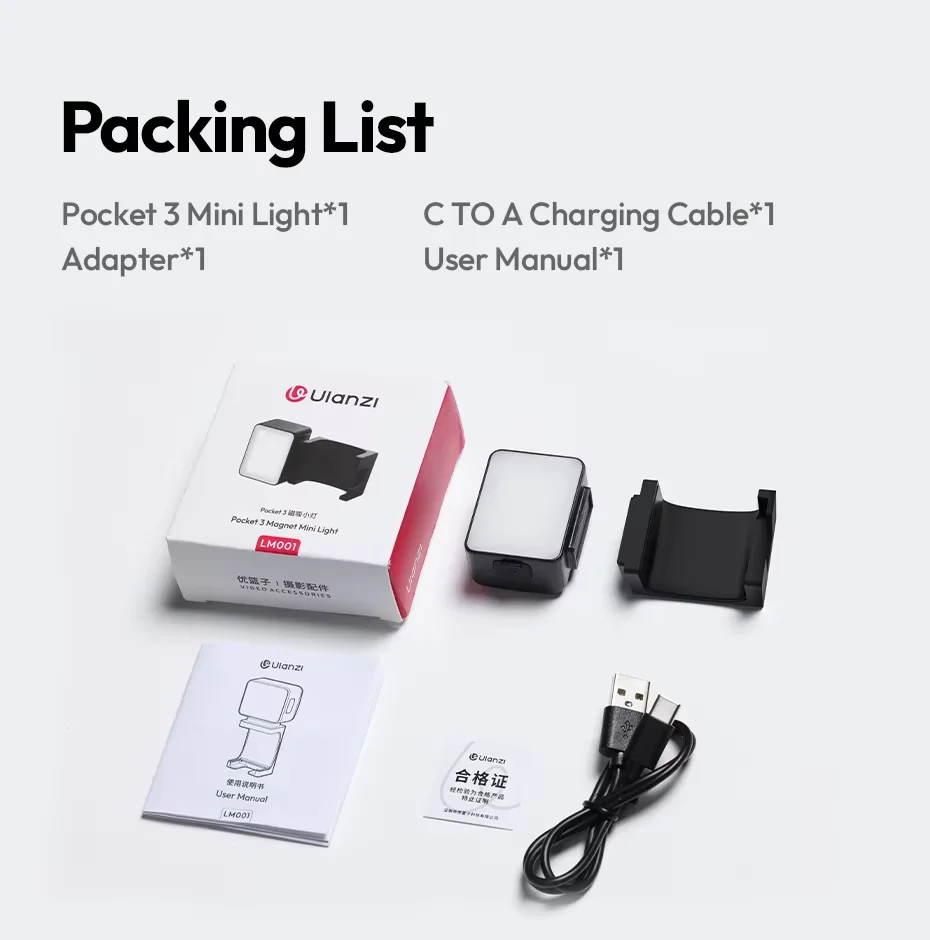 Ulanzi LM001 Pocket 3 Magnetic Mini Led Light Wodoodporna lampa wideo do DJI Osmo Pocket 3 do vlogowania na żywo 500 mah Akumulator