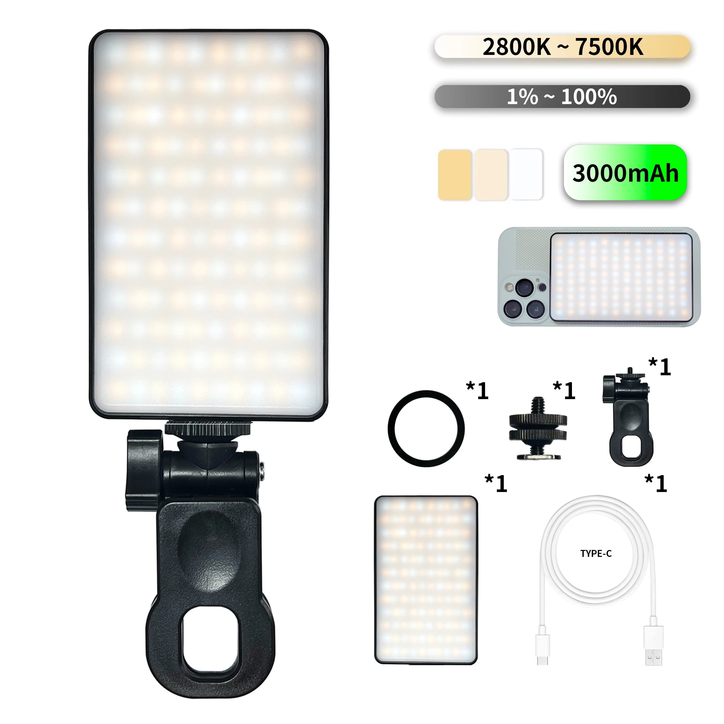 1 szt. Akumulatorowa magnetyczna lampka LED do selfie, 3 tryby ściemniania światła, 3000 mAh, 120 diod LED, klips do telefonu/laptopa/komputera, makijażu, wideo
