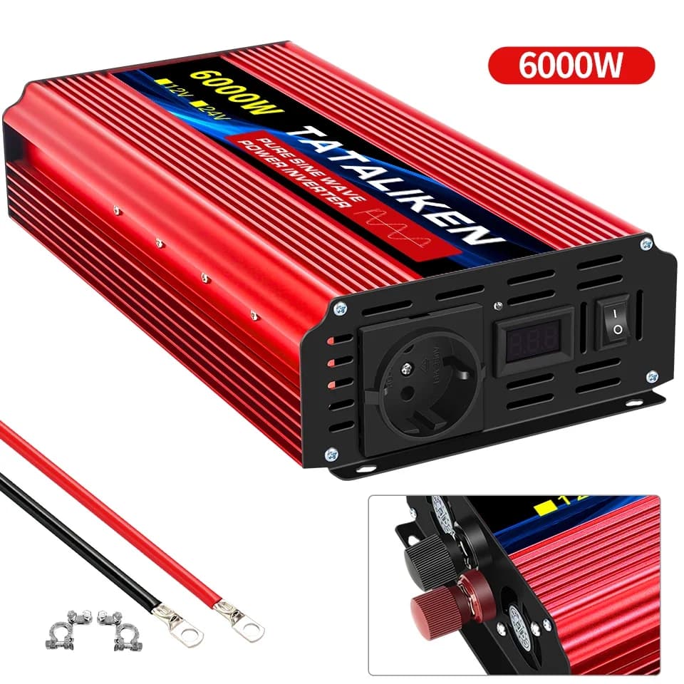 Falownik samochodowy CZYSTA SINUSOIDA 3500W/4500W/5000W/6000W 12V na 230V 50Hz z gniazdami EU i inteligentnym ekranem LCD