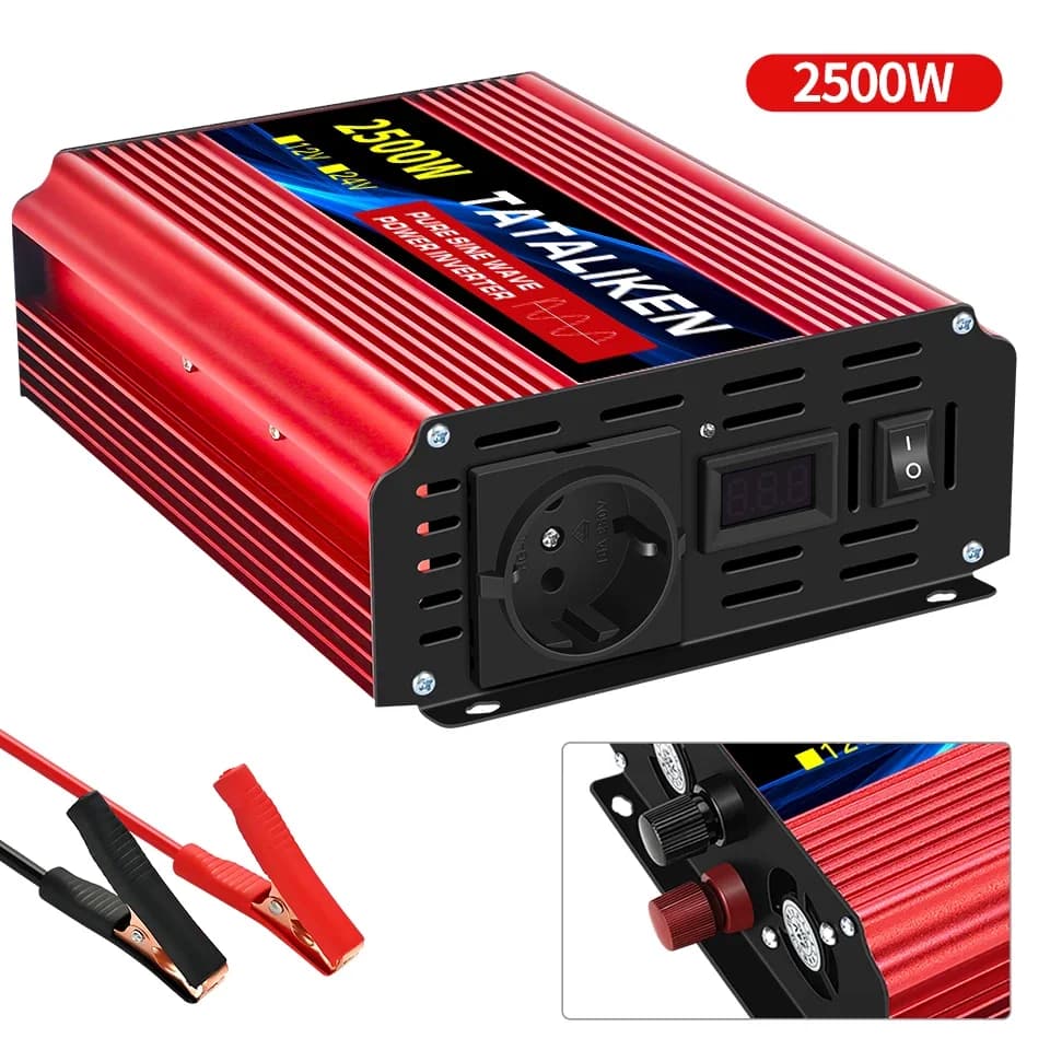 Falownik samochodowy CZYSTA SINUSOIDA 3500W/4500W/5000W/6000W 12V na 230V 50Hz z gniazdami EU i inteligentnym ekranem LCD