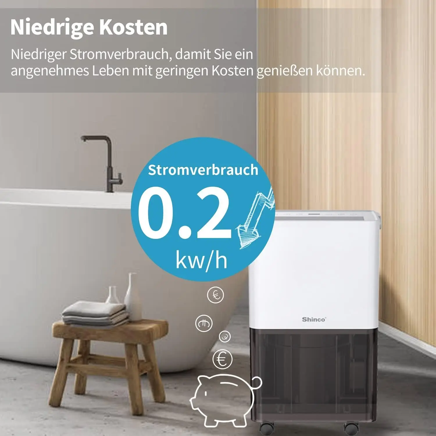 Elektryczny osuszacz powietrza SHINCO, 10 l, osuszacz do pomieszczeń z czujnikiem wilgoci, do 45 m³ (15 m²), energooszczędny, wąż odpływowy