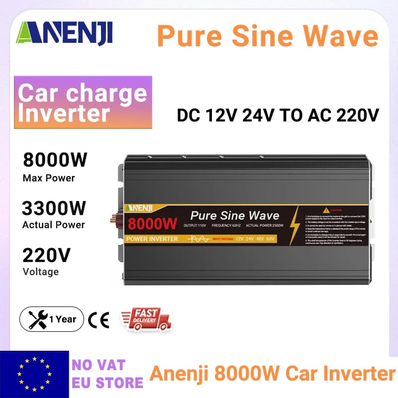 Inwerter sinusoidalny 5000W/8000W/3000W/1000W DC 12/24V na AC 230V, przetwornica napięcia do samochodu solarnego
