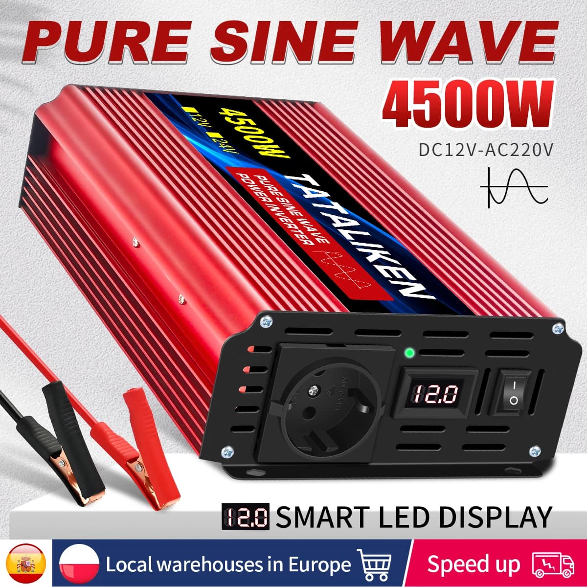 Falownik samochodowy CZYSTA SINUSOIDA 3500W/4500W/5000W/6000W 12V na 230V 50Hz z gniazdami EU i inteligentnym ekranem LCD