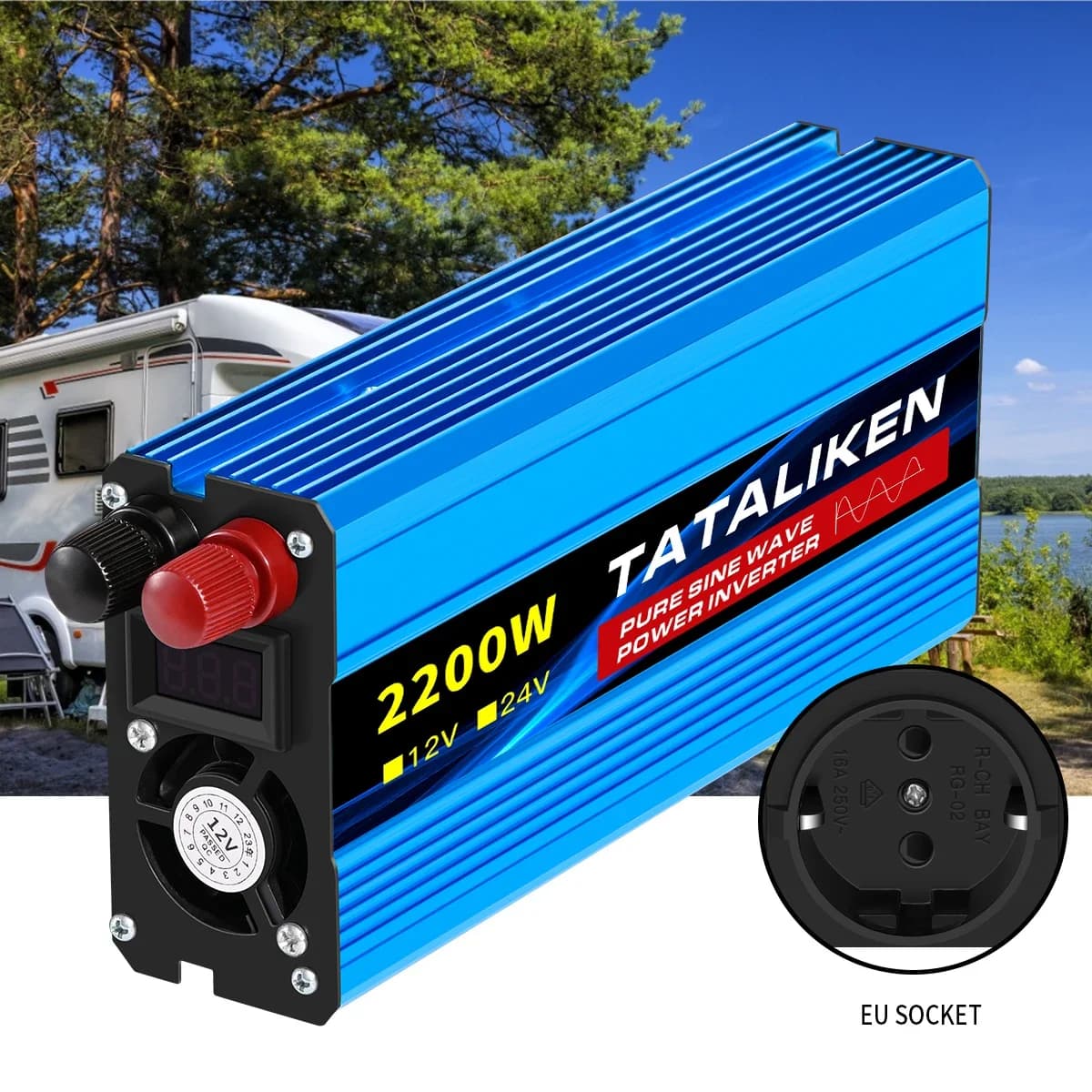 Falownik samochodowy CZYSTA SINUSOIDA 3500W/4500W/5000W/6000W 12V na 230V 50Hz z gniazdami EU i inteligentnym ekranem LCD